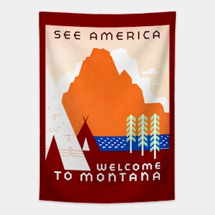 Welcome To Montana USA Travel Poster 1819 Native Lake Mountains Tapestry