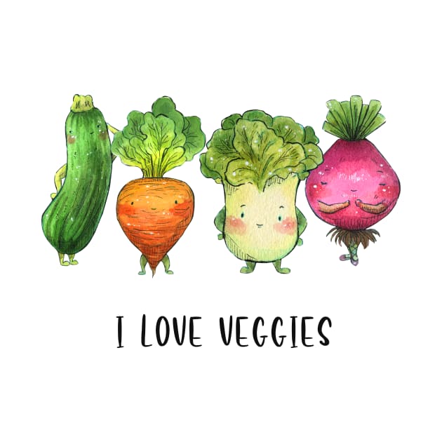 "I love Veggies" Cute Watercolour Handmade by Carlotta Mascolo Art