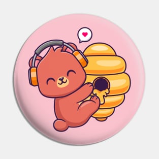 Cute Honey Bear Hug Beehive Honey With Headphone Cartoon Pin