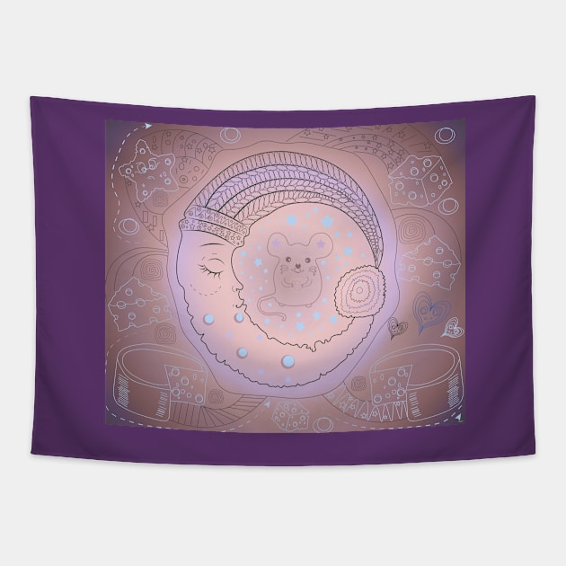 When the Moon Sleeps, the mouse nibbles cheese. Tapestry by JeLoTall