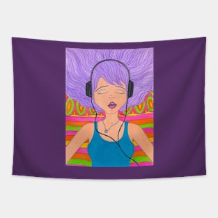 Girl with Headphones Singing Tapestry