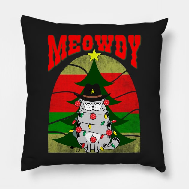 Meowdy, Festive cat with Christmas lights and ornaments Pillow by Blended Designs