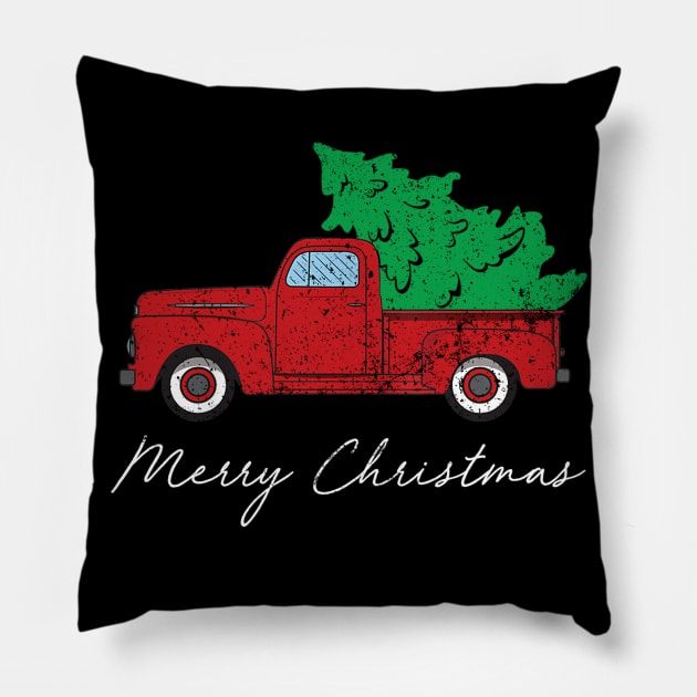 Merry Christmas Retro Vintage Red Truck Pillow by Soema