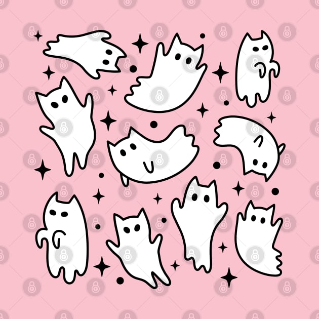 Cute Pastel Goth Kawaii Ghost Cats Pink Pattern by PUFFYP