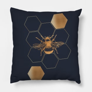 Gold Honey bee with hexagon on navy Pillow