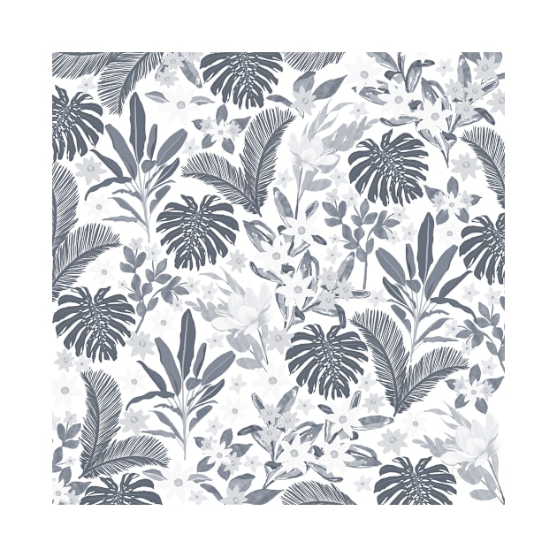 Tropical Grey Foliage Floral White Pattern by NdesignTrend