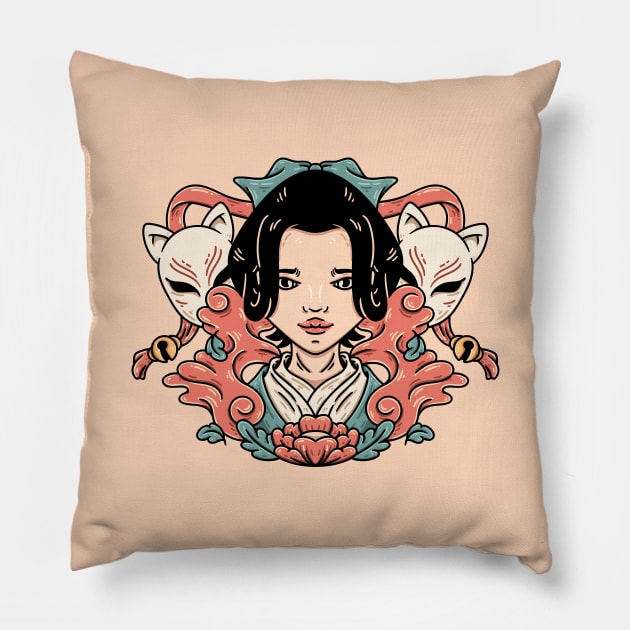 Geisha With Kitsune Souls Pillow by andhiika