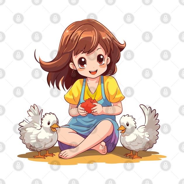 Girls playing with chickens by Yopi