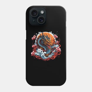 Dragon against the backdrop of a setting sun bathed in ocean waves Phone Case