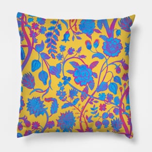 Chinese Bright Sunshine Yellow with Bright Blue & Pink Floral Pattern - Hong Kong Funky Summer Flowers Pillow