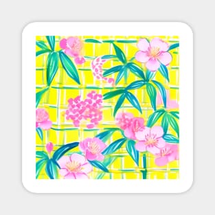 Preppy pink flowers and green leaves on yellow Magnet