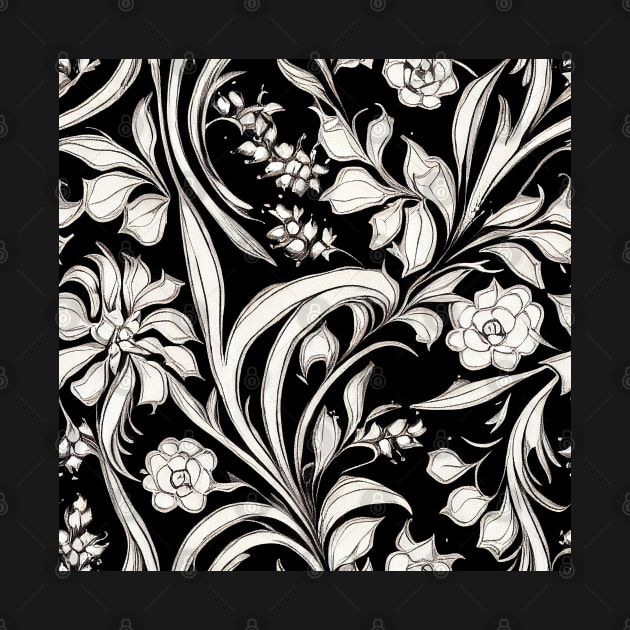 Black and White Vintage Floral Cottagecore Gothic Romantic Flower Peony Rose Leaf Design by VintageFlorals