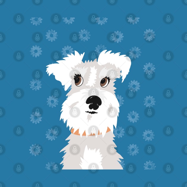 White Miniature Schnauzer Dog with Blue Daisies by NattyDesigns