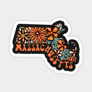 Massachusetts State Design | Artist Designed Illustration Featuring Massachusetts State Outline Filled With Retro Flowers with Retro Hand-Lettering Magnet