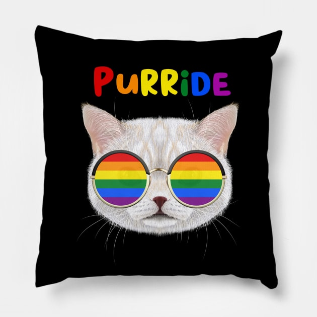 Purride Funny Cat Gay Pride Ally Rainbow Sunglasses LGBTQ Pillow by Happy Lime