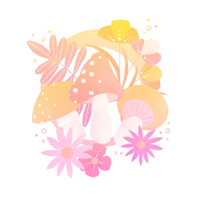 Magic mushrooms and flowers, pink and yellow gradient by Home Cyn Home 