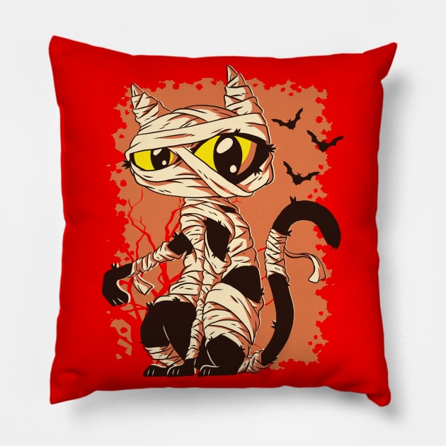 Mummy Cat Funny Halloween Cartoon Design Pillow by CoolArts