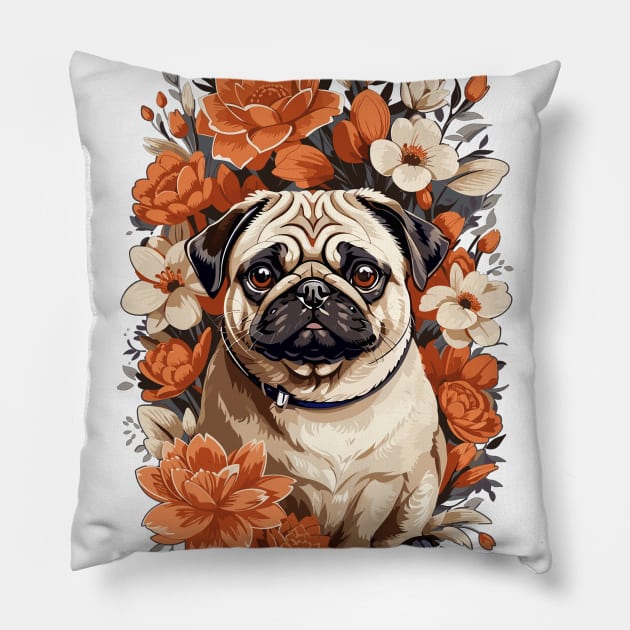 Pug in Bloom Pillow by famatrix