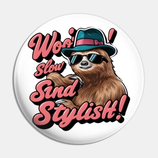 Woo! Slow and Stylish Sloth 2D Flat Illustration T-Shirt Design - Retro Pop Art Pin