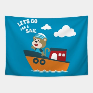 Cute bear the animal sailor on the boat with cartoon style Tapestry