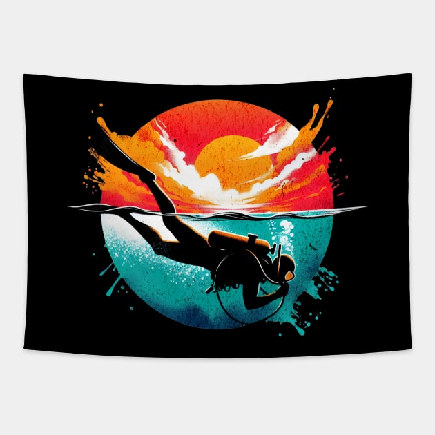 Scuba Diver Sunset Design Tapestry by Miami Neon Designs