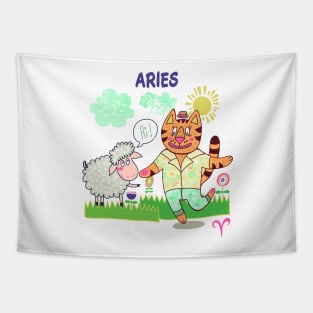 Zodiac Fun Aries Sheep and Cat Tapestry
