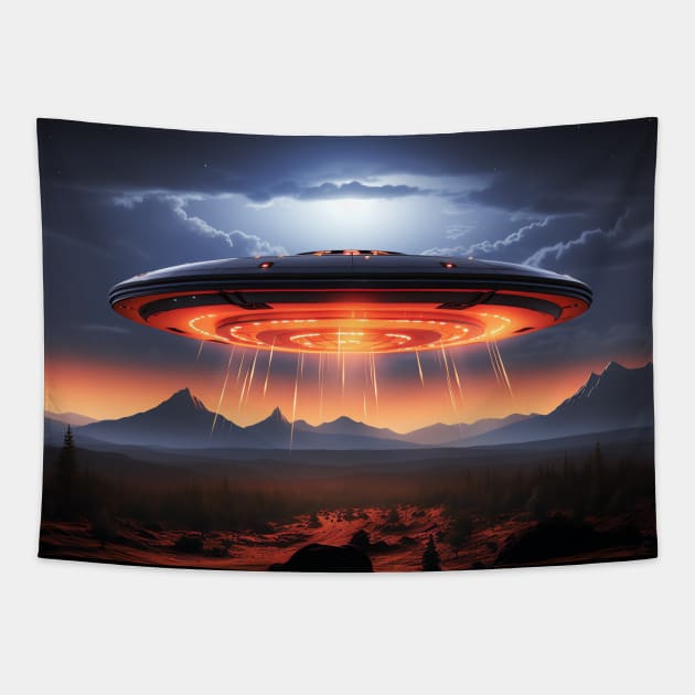 Flying Saucer UFO Sighting Tapestry by AI Art Originals