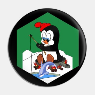 Penguin Cartoon Ice Fishing Pop Art Abstract Print Pin