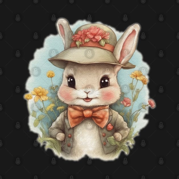 cute little rabbit wearing a hat and a bow tie by JnS Merch Store