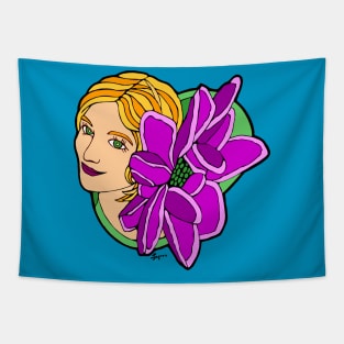 Blonde Woman with Large Pink Flower Tapestry