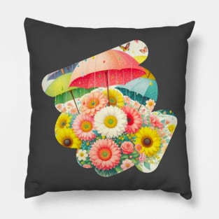 A bunch of flowers dancing in the rain with colorful umbrellas Pillow