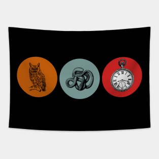 Halloween Signs & Symbols, Omens and Portents,  Owl, Snake, Timepiece Tapestry