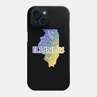 Colorful mandala art map of Illinois with text in blue and yellow Phone Case