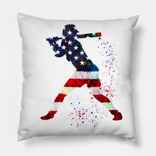 Girl Baseball Batter American Flag Watercolor Pillow