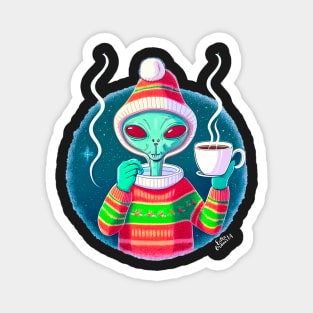 Christmas Funny Alien Drinking Coffee Wearing Sweater Magnet