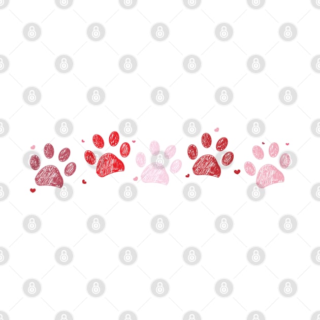 Happy Valentine's Day greeting card with red hearts and paw prints by GULSENGUNEL