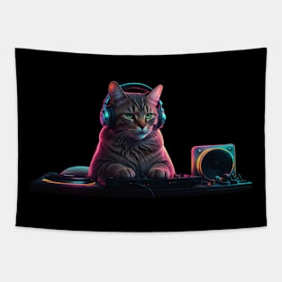 DJ Cat on the Decks – Neon Party Vibes Tapestry