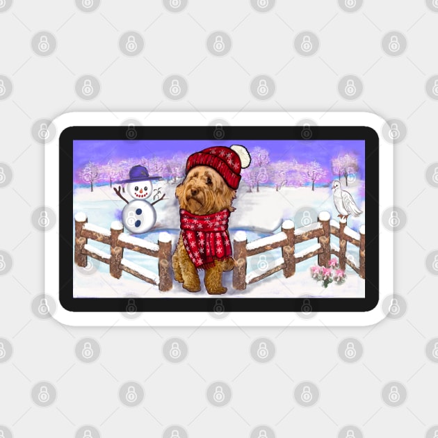 Cavoodle in festive red winter hat and scarf- cute cavalier king charles spaniel snug in a snowflake themed scarf Magnet by Artonmytee