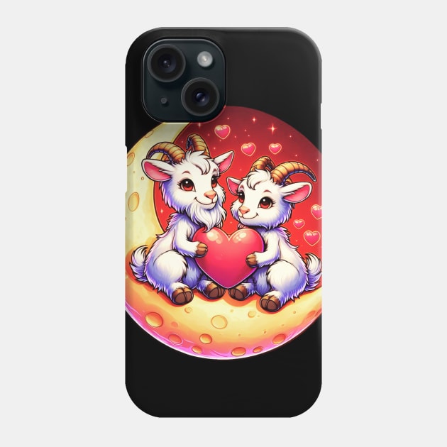 Valentine Goat Couple on Moon Valentines Day Goat Phone Case by Figurely creative