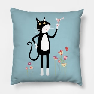 Mild Peril Cat and Bird Anthropomorphic Art Pillow