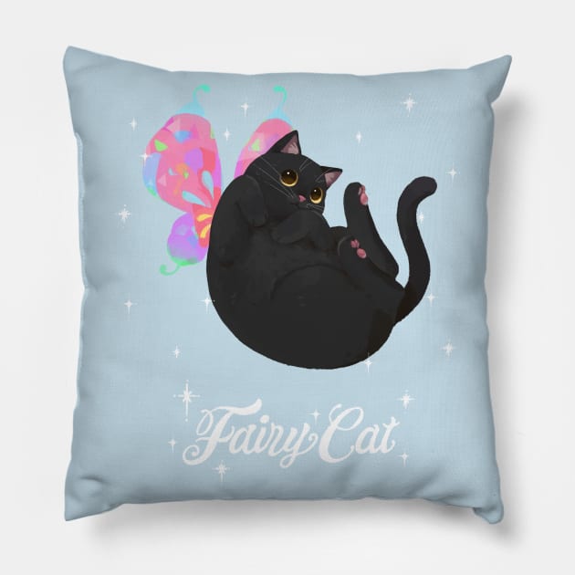 Curled Up Black Fairy Cat (with white text) Pillow by You Miichi