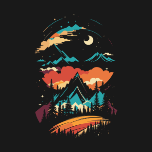 breathtaking mountain landscape with majestic trees and towering peaks in the background T-Shirt