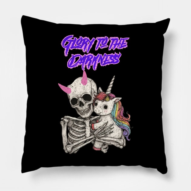 Glory to the Darkness Pastel Goth Skeleton Unicorn Pillow by Lavender Celeste