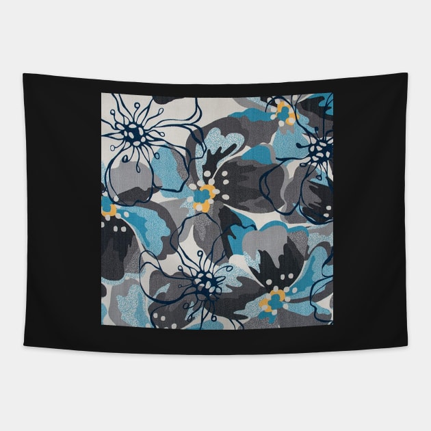 Modern Large Floral Gray-Blue Tapestry by OialiCreative