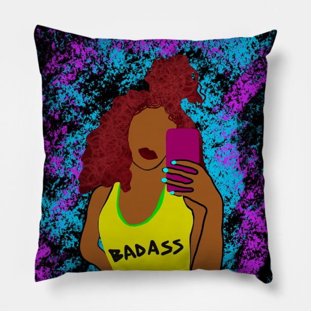 BadAss Black Girl Curly Hair Taking Selfie Pillow by blackartmattersshop