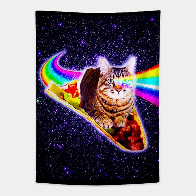 Rainbow Laser Eyes Galaxy Cat Riding Taco Tapestry by Random Galaxy