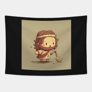 Cute Little Jesus Christ Illustration with Bird Tapestry