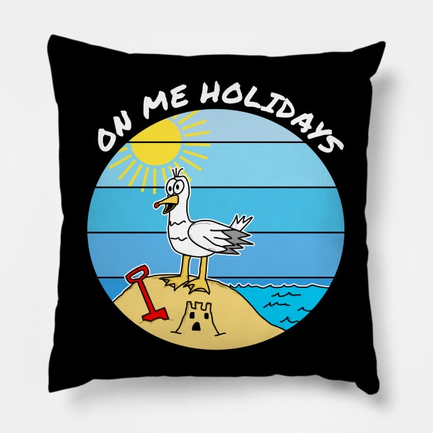 On Me Holidays, Seaside Seagull British Summer Holiday Pillow by doodlerob