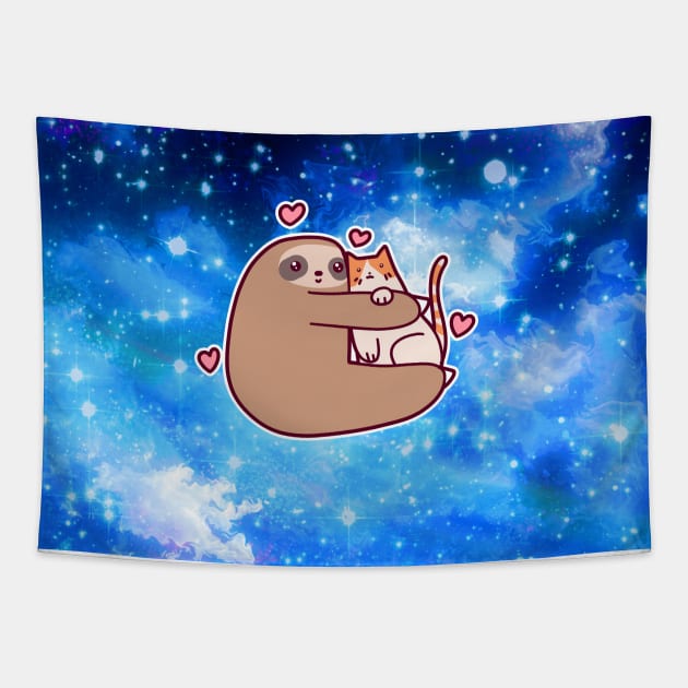 Sloth Loves Cat Night Sky Tapestry by saradaboru