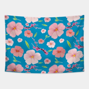 Pink Hibiscus and Sakura Blue Background Tapestry